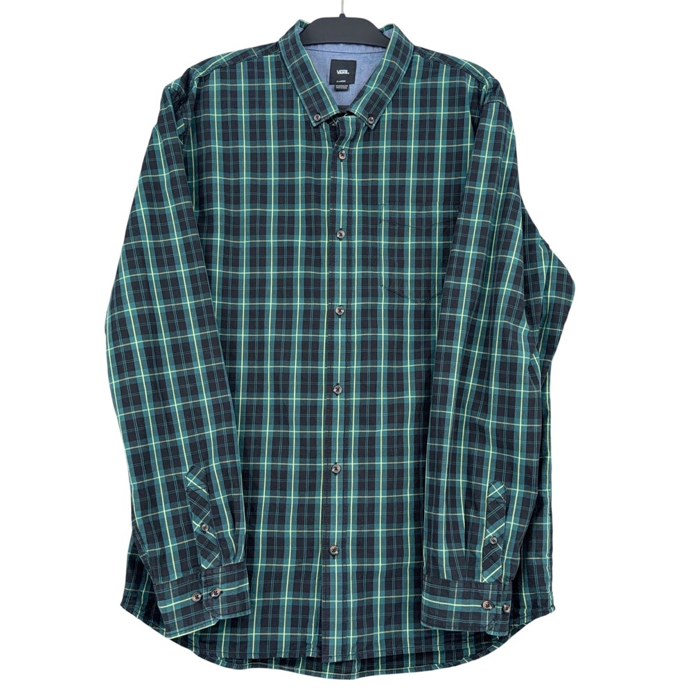Vans Classic Fit Men XL 100% Cotton Green Plaid Button Down Shirt